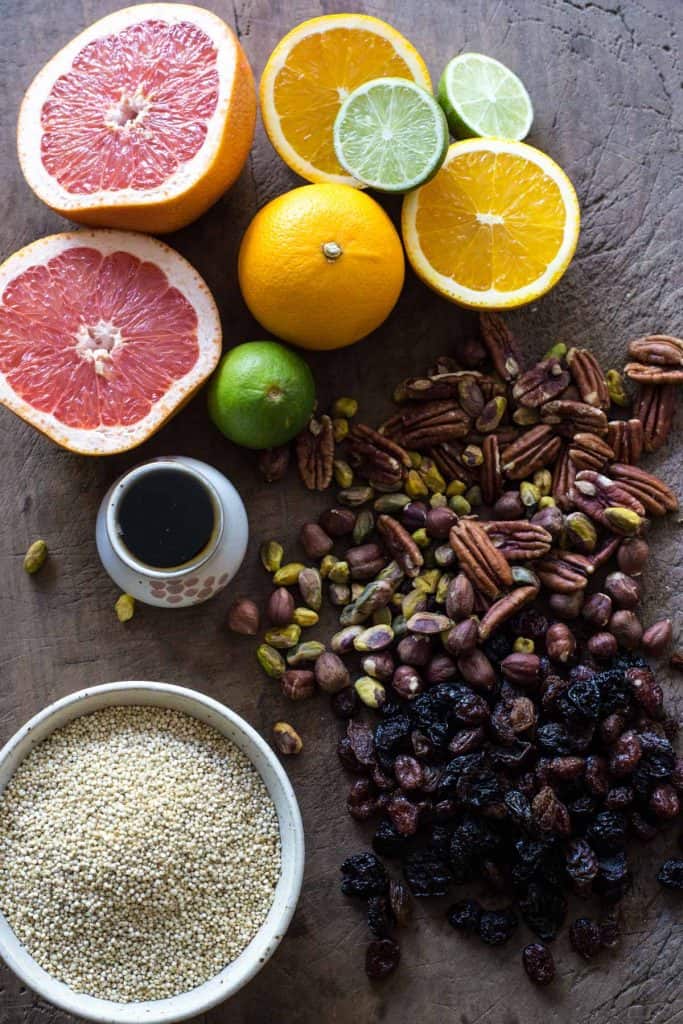 ingredients for breakfast quinoa on a wooden board