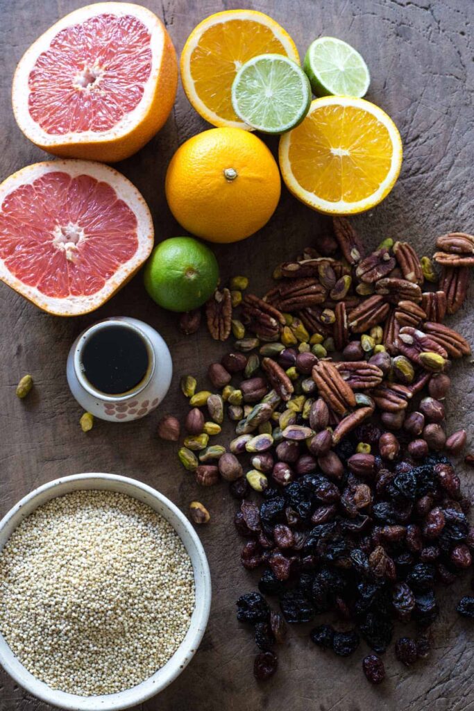 ingredients for breakfast quinoa on a wooden board