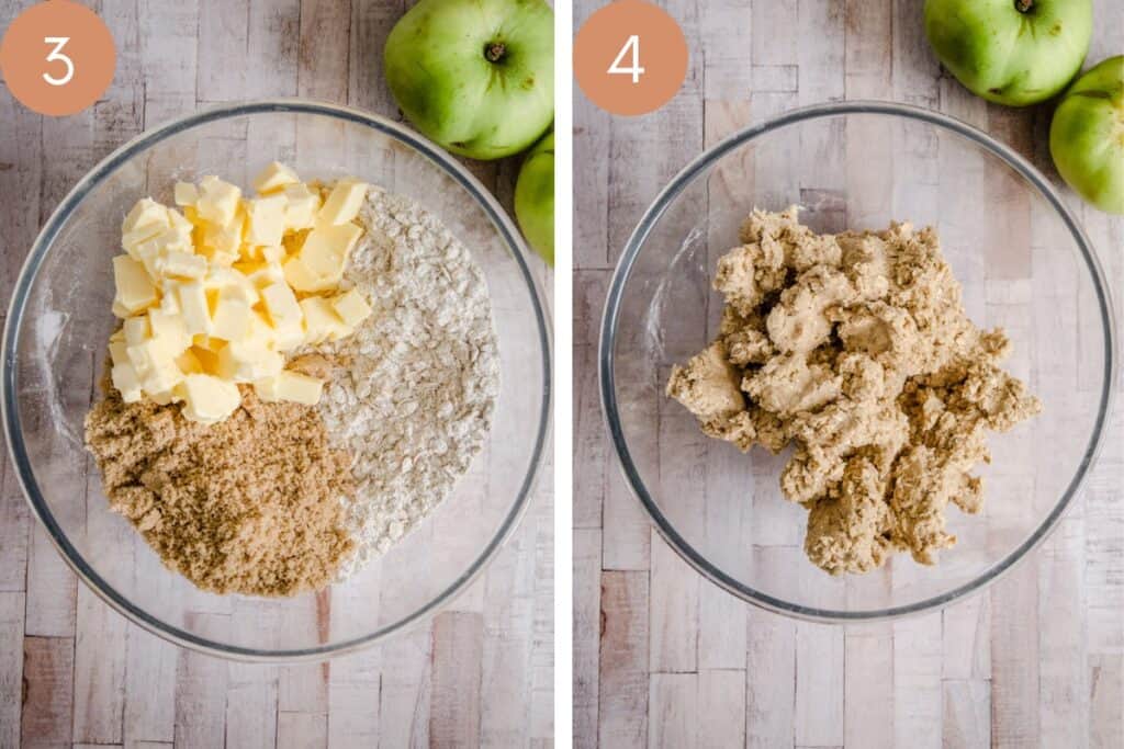 two images of the bowl of dough for apple cranberry bars