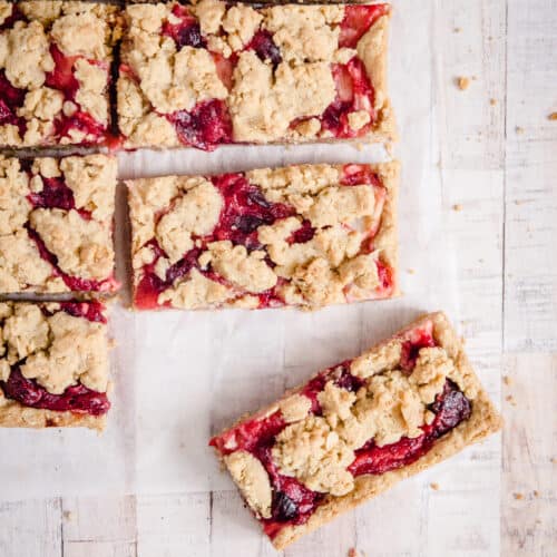 overhead of apple cranberry bars on a white surface