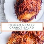 Pin image showing two images of carrot salad from above and from the side with a fork