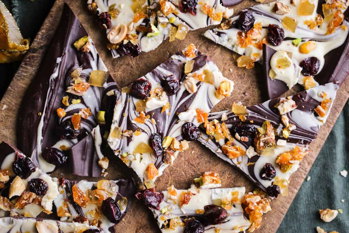 Shards of Christmas Bark on a board.