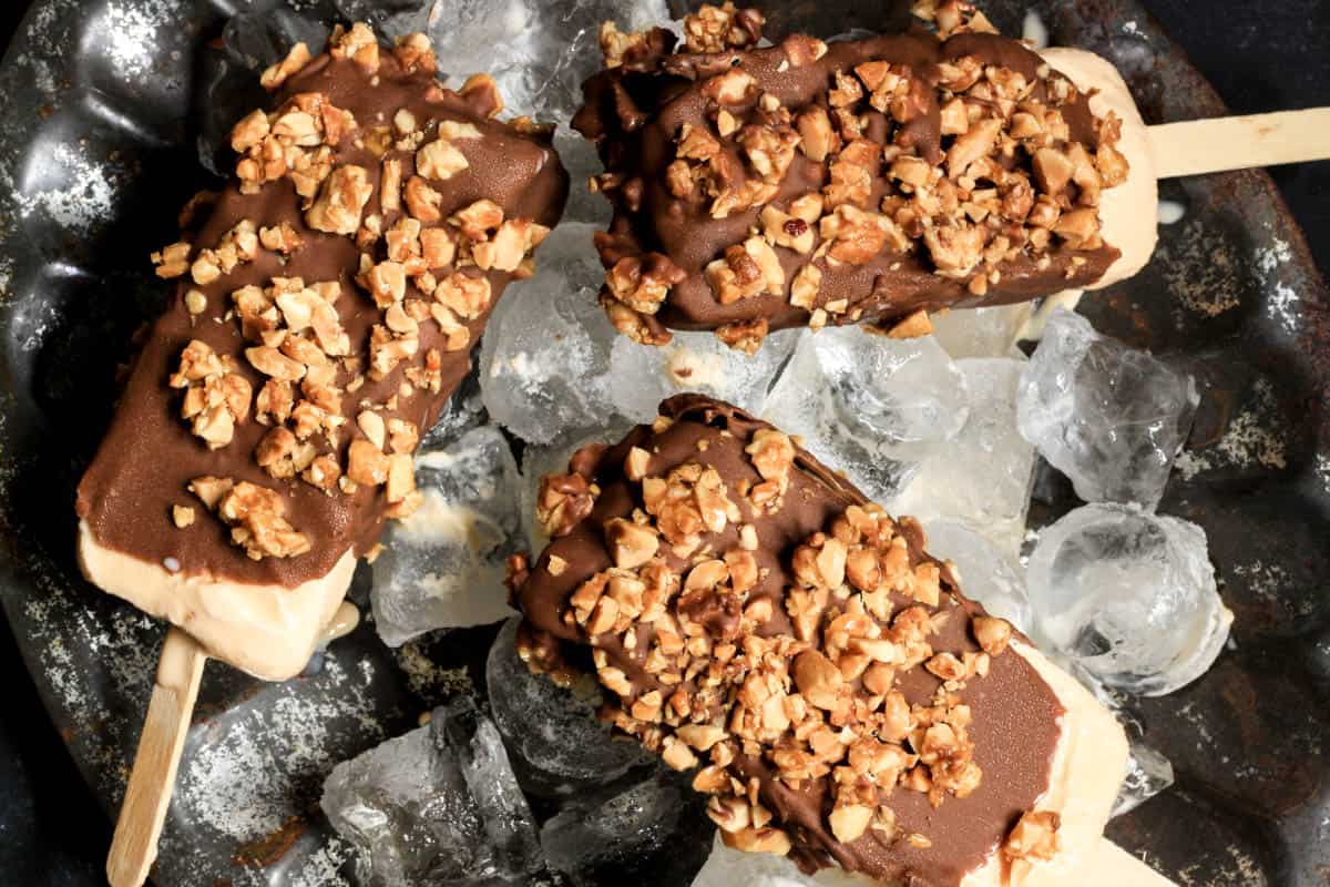 A close up of choc ices on ice