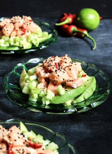 A plate of salmon tartare with avocado