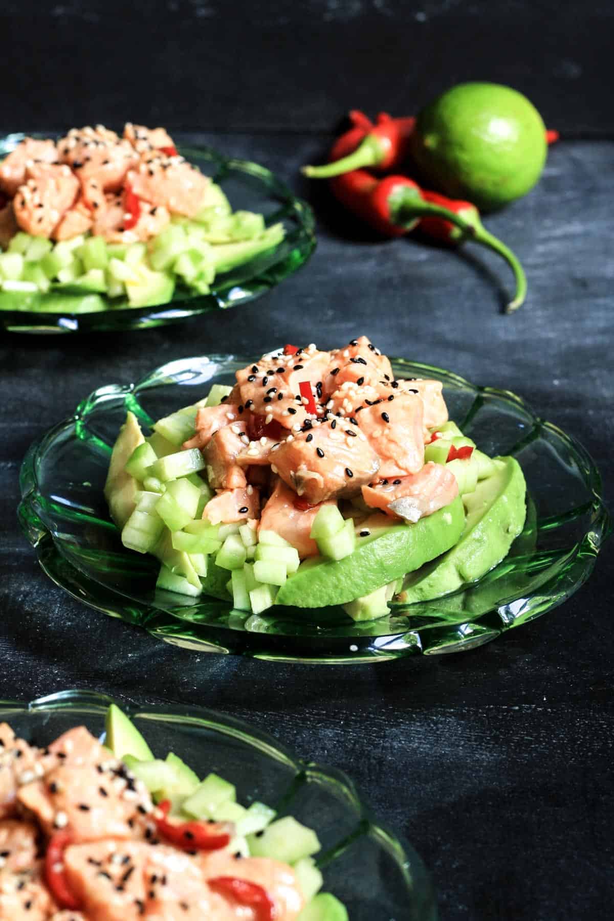 A plate of salmon tartare with avocado