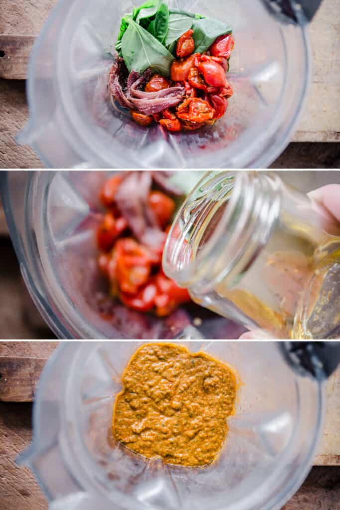 3 process shots of blending the sun-dried tomato and anchovy sauce