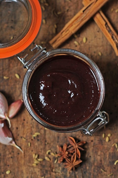 A close up of a jar of chinese damson sauce