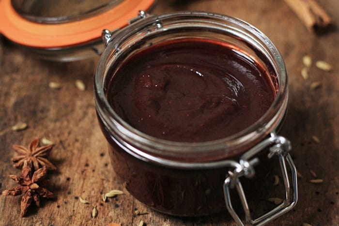 A close up of a jar of chinese damson sauce