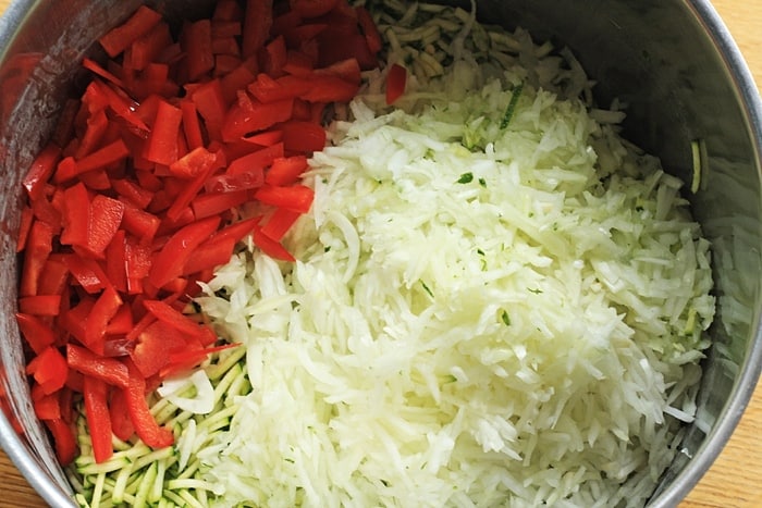 Ingredients for courgette relish in preserving pan