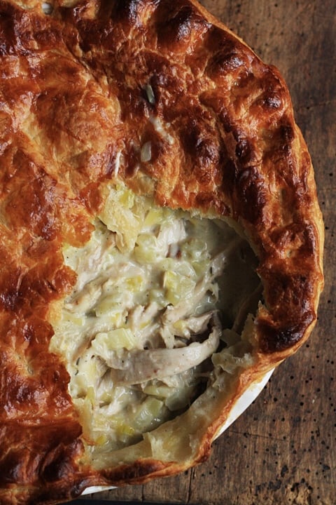 chicken and leek pie with slice removed