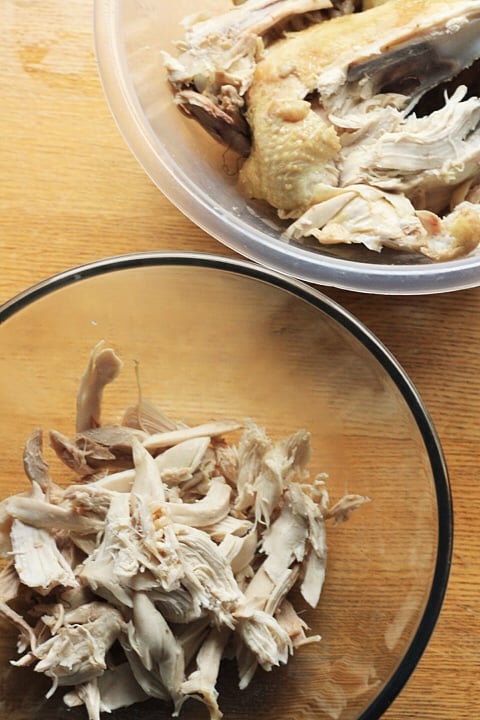 a bowl of shredded chicken for chicken and leek pie