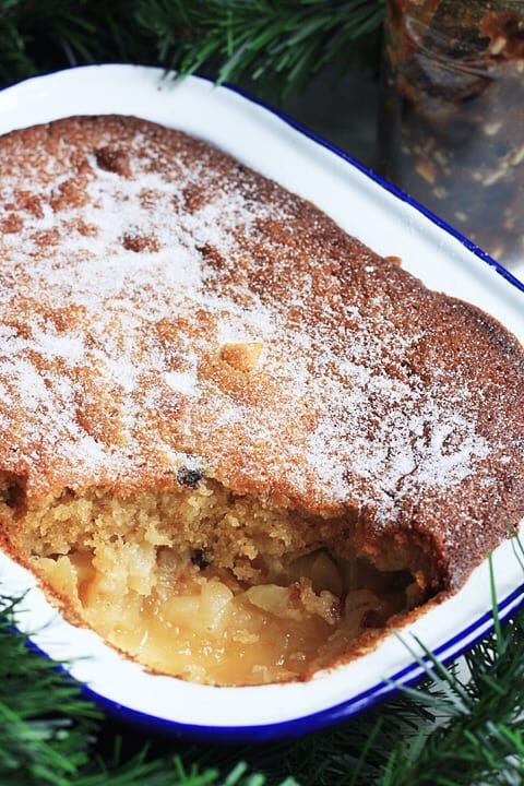 Baked Bramley Apple and Mincemeat Pudding in a dish