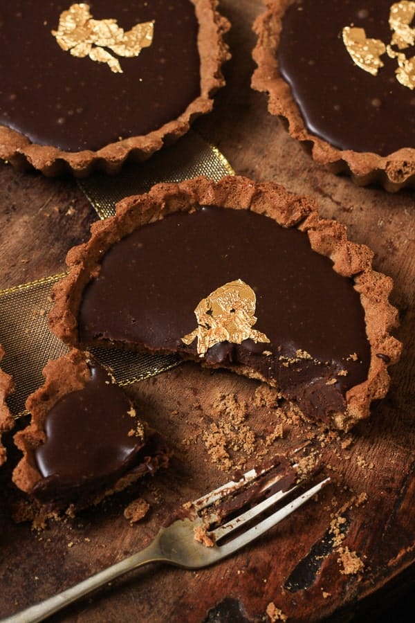 close up of half eaten chocolate gingerbread tart