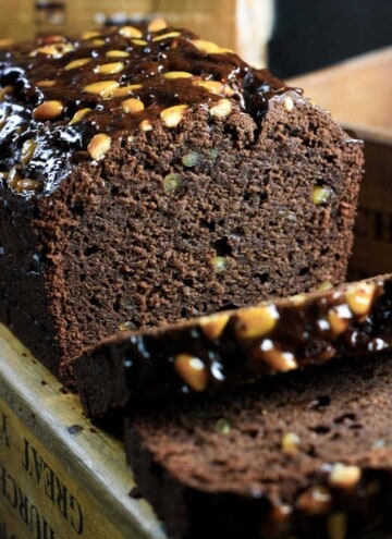 close up of chocolate loaf, sliced