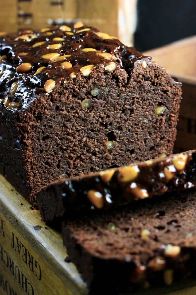 A close up of chocolate loaf, sliced