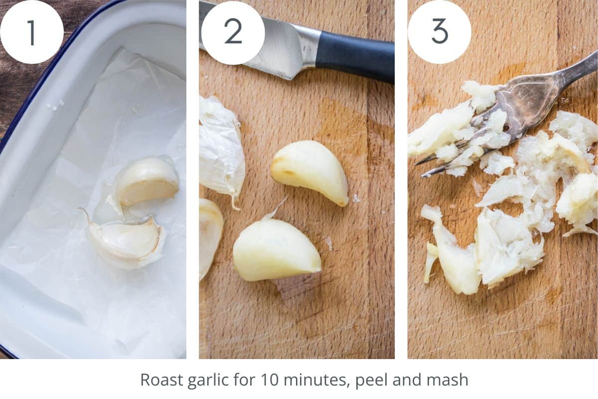 Process images showing how to prepare roasted garlic