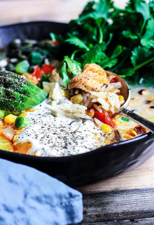 Chicken Fajita Wild Rice Soup in a bowl