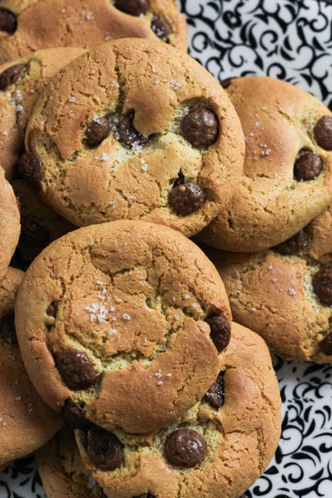 Close up of Easy Flourless Salted Chocolate Chip Cashew Cookies