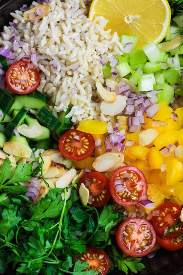 close up of simple brown rice salad ingredients