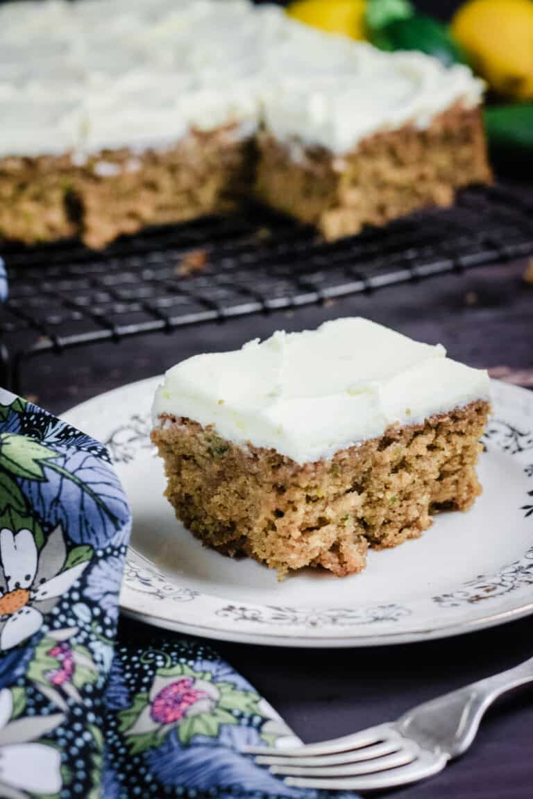 A slice of courgette cake on a plate