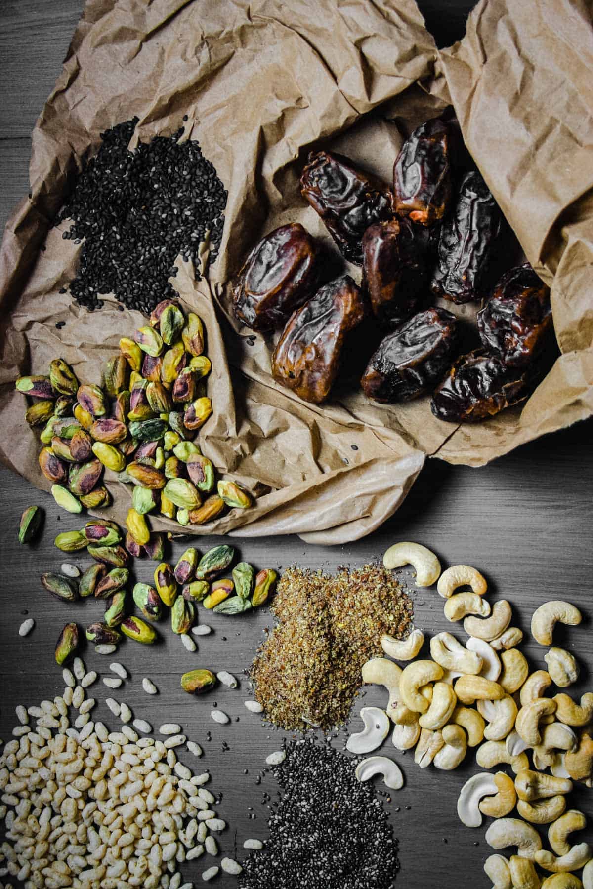 overhead shot of the ingredients for No-Bake Chocolate Salted Energy Bars