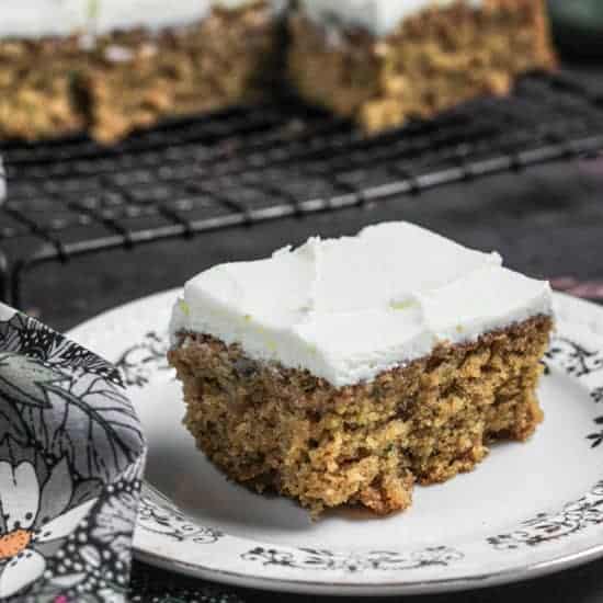 Courgette Oatmeal Cake with Lemon Mascarpone Icing {gluten-free} courgette cake on a plate
