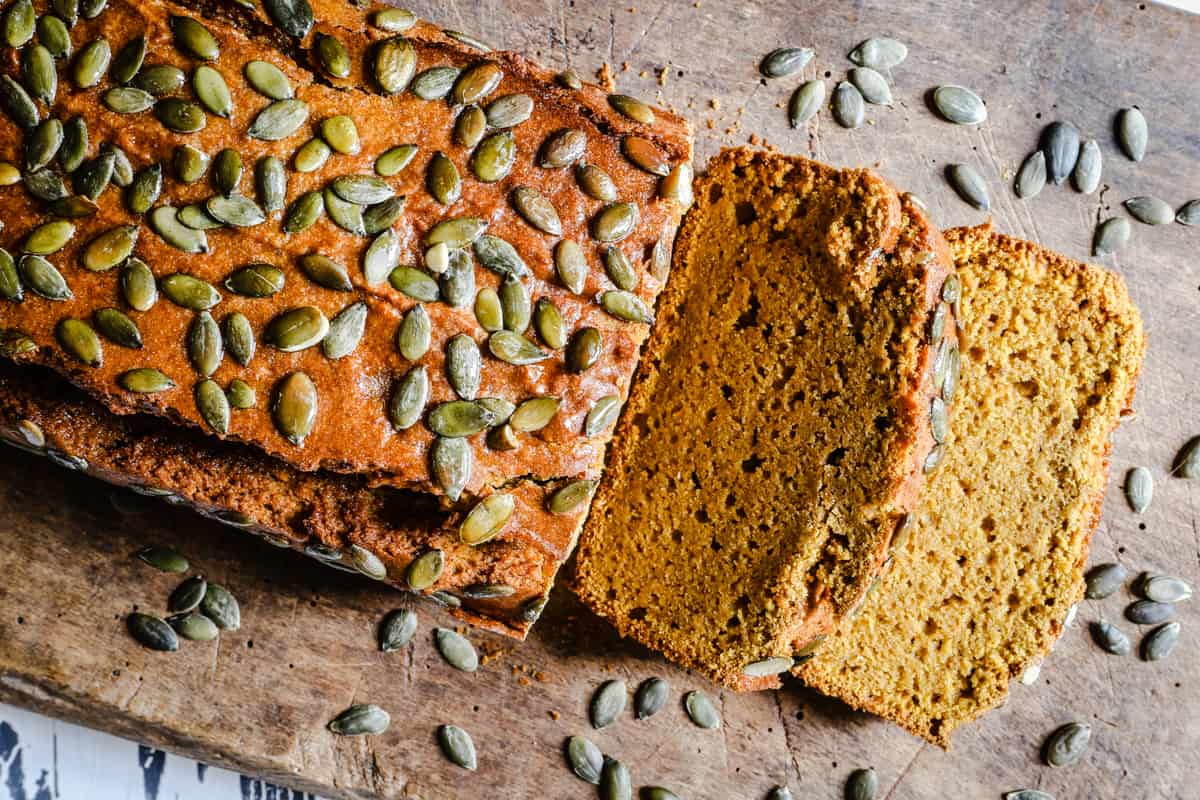 Sliced Pumpkin Bread on a wooden board