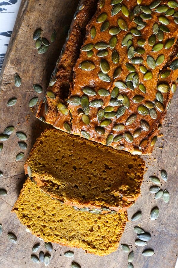 pumpkin bread on wooden board sliced