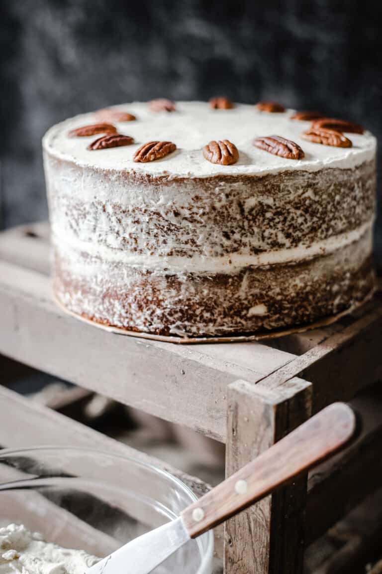 Pecan Butterscotch Latte Cake on a wooden box