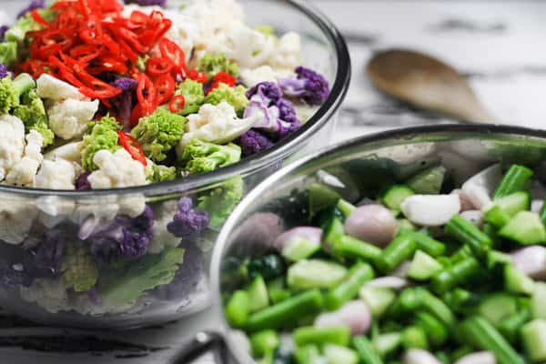 bowls of piccalilli ingredients