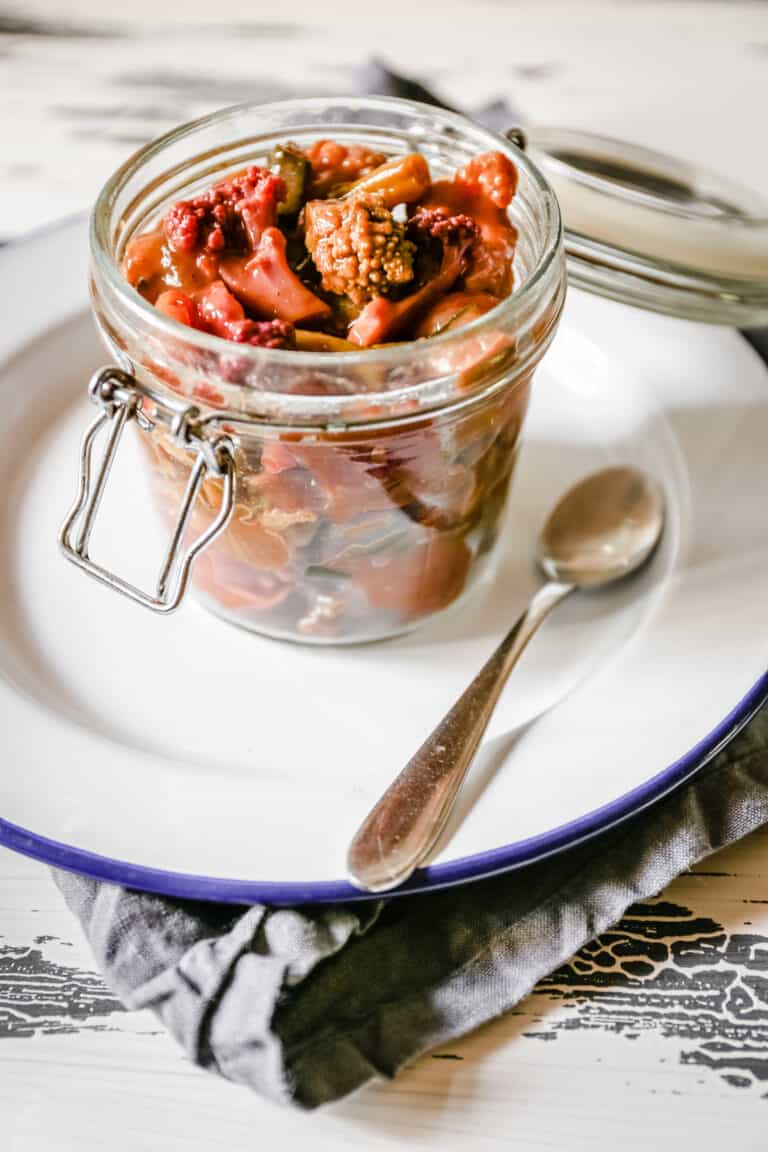 Jar of piccalilli on a plate
