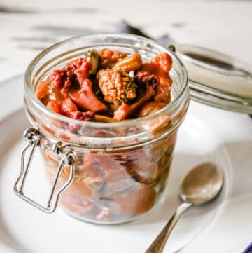 Jar of piccalilli on a plate