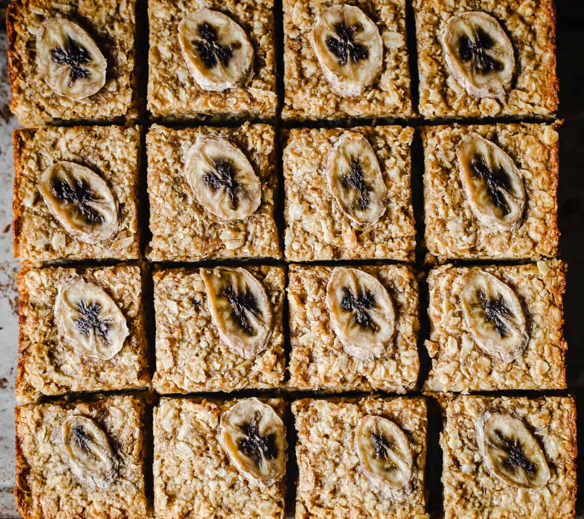 Healthy Banana Flapjacks arranged on a metal tray