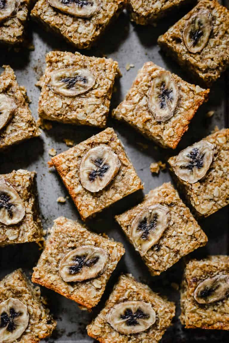 Healthy Banana Flapjacks arranged on a metal tray