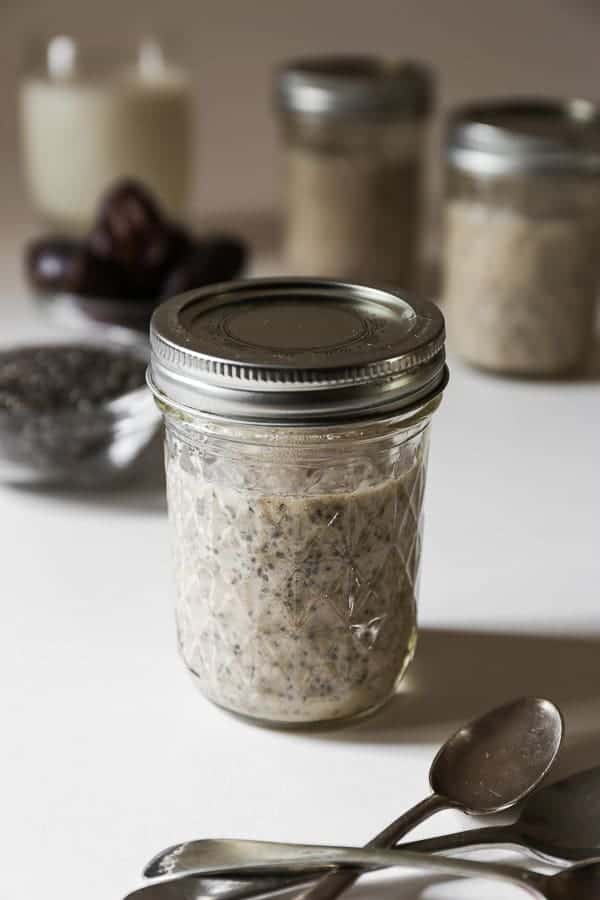 A close up of chia pudding in a jar