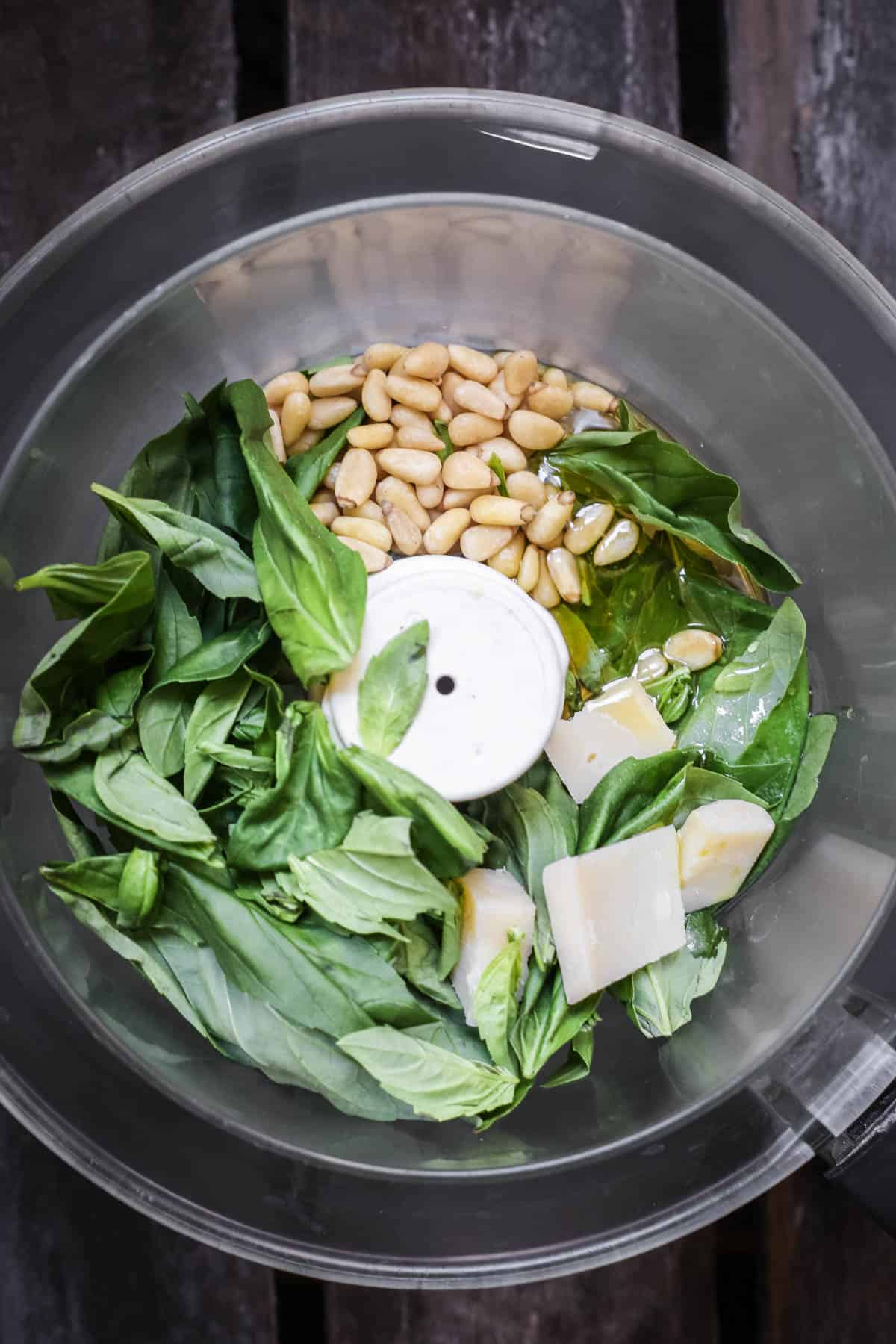 ingredients for pesto in food processor