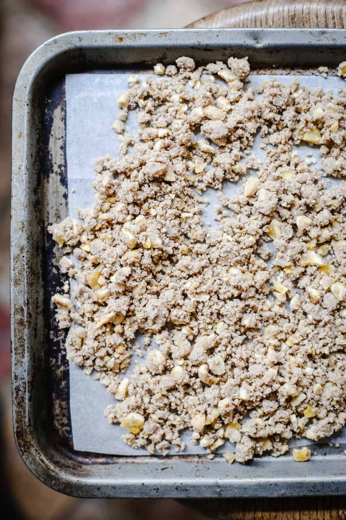 Banana streusel topping on a tray