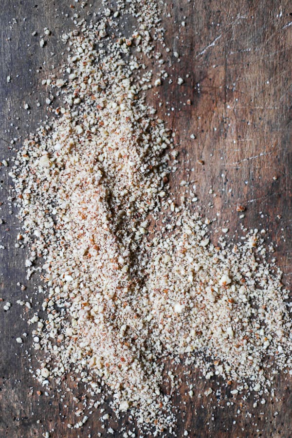 overhead shot of Pecan Meal on a wooden board