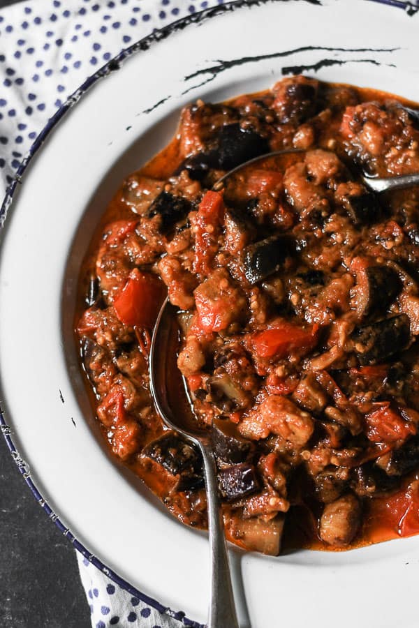 A bowl of braised tomato and aubergine 