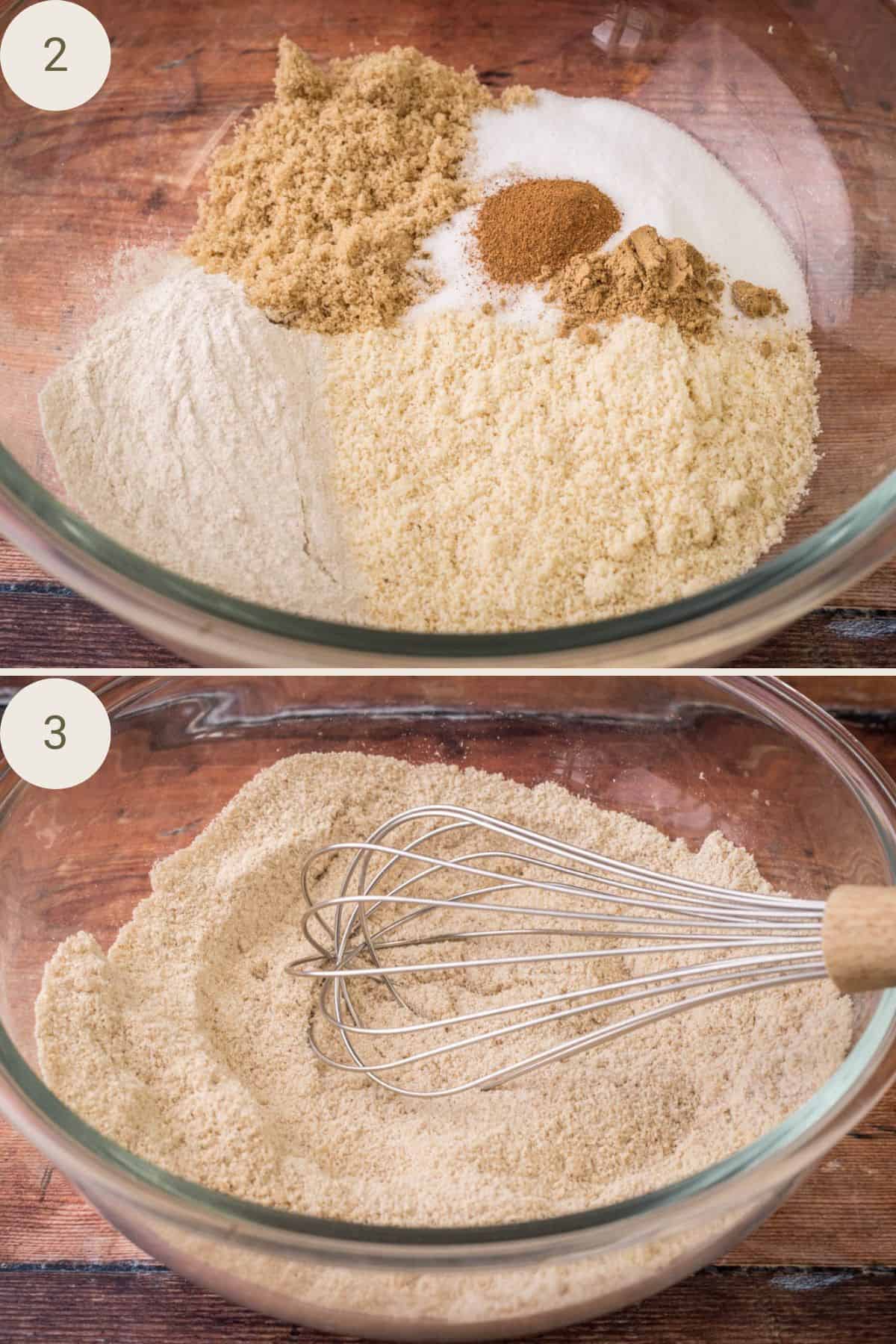 Crumble ingredients in a large mixing bowl, before and after whisking together.