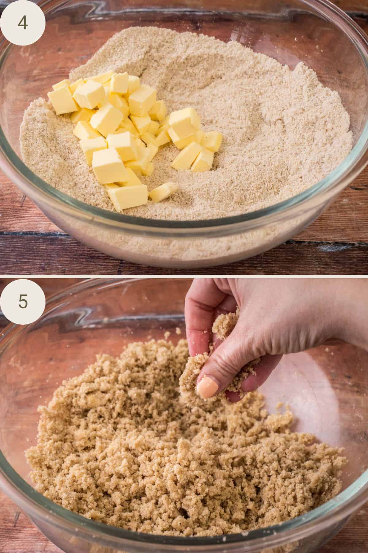 Butter added to dry crumble ingredients and rubbed in with fingers.