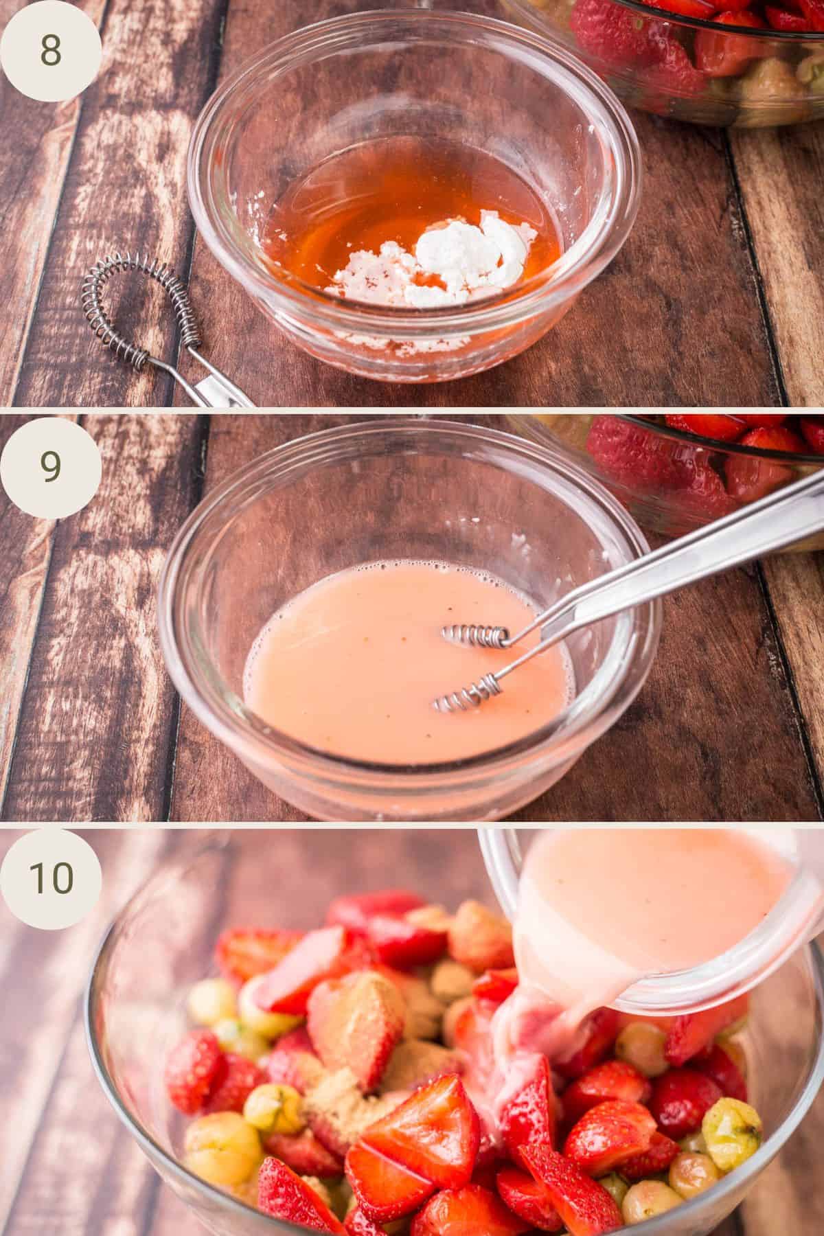Fruit liquid in a small bowl with cornflour mixed in to make a slurry. Pouring back over the fruit.