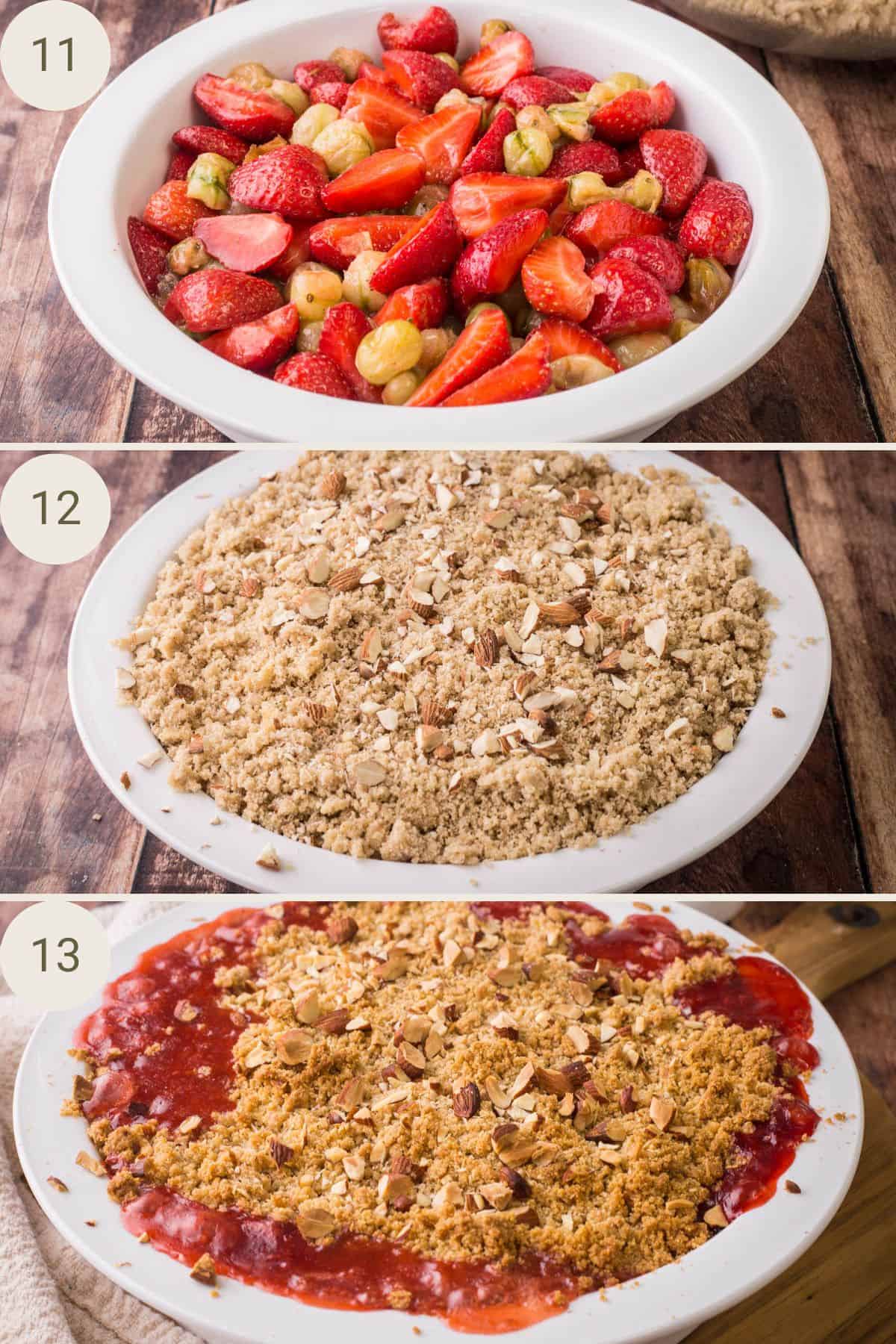 Fruit in the base of a baking dish. Crumble topping over the fruit before and after baking.