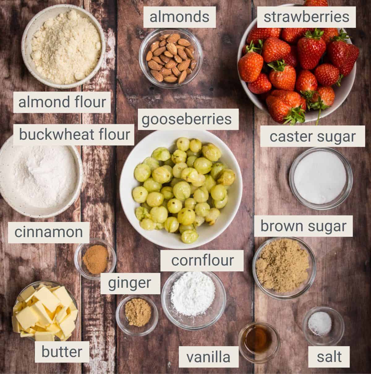 Strawberry Gooseberry Crumble ingredients.