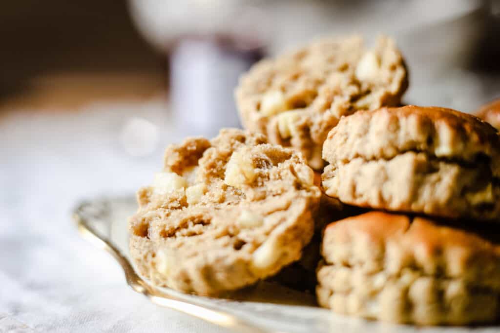 close up image of apple scone halved