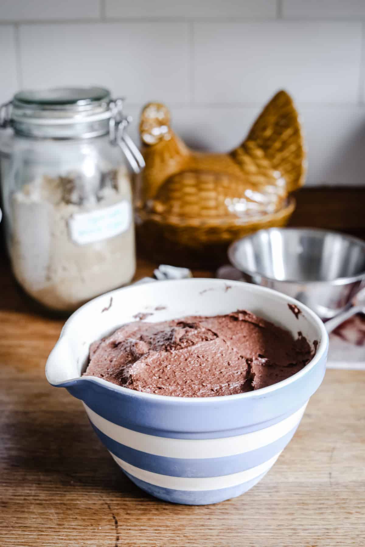 Chocolate Sponge Pudding in a pudding bowl ready to be steamed