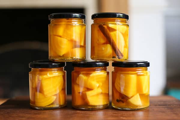 Pickled Golden Beetroot in jars stacked