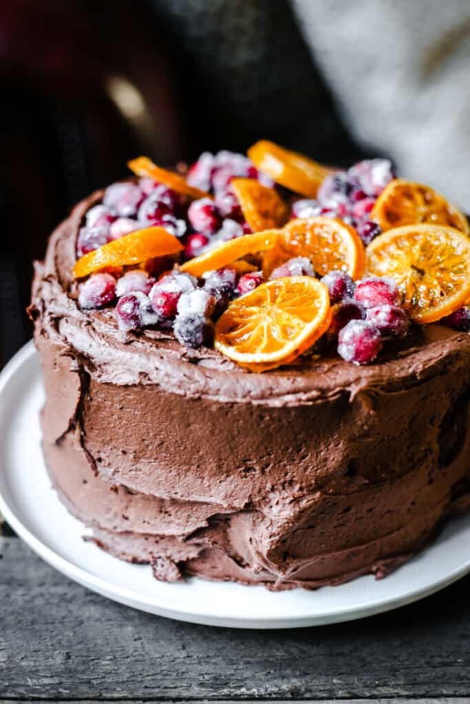 Chocolate Cranberry Clementine Cake on a white plate on a wooden board