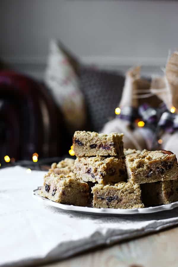 A close up of a mincemeat flapjacks on a plate