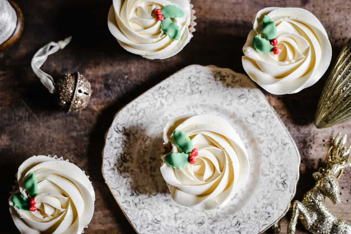  Mince Pie Cupcakes from above surrounded by Christmas decorations